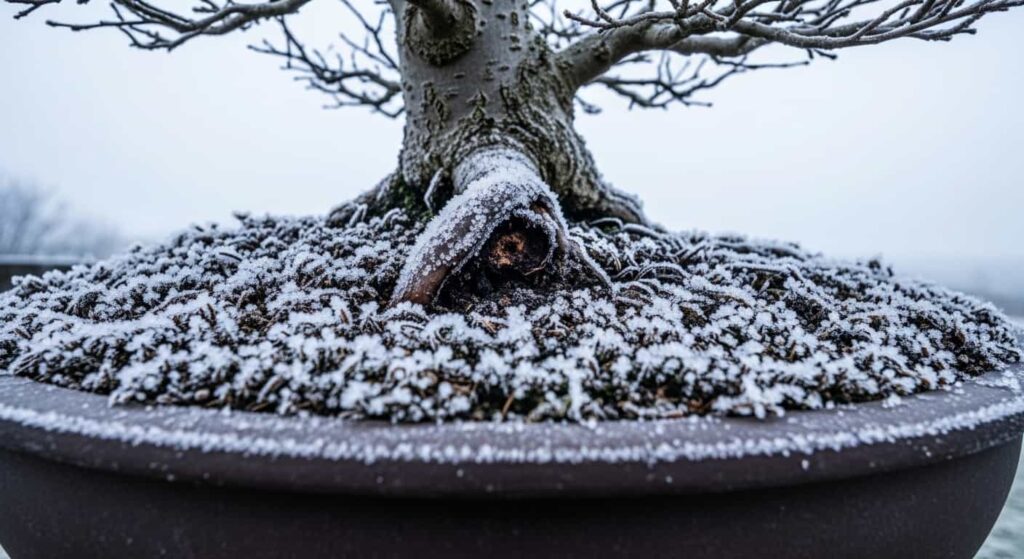 Frozen bonsai pot in winter with frost on the soil surface and a visible damaged root, illustrating why winter is the worst time for root pruning.