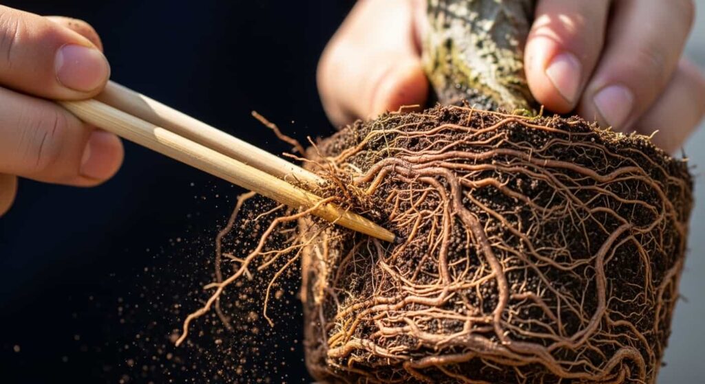 using chopstick to loosen soil from bonsai root ball before pruning