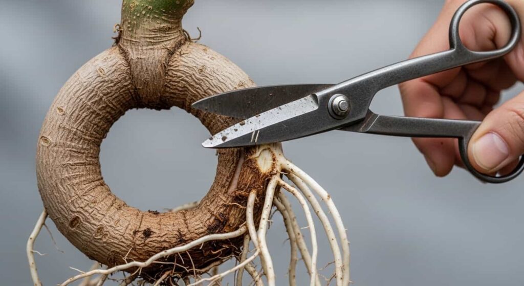 A hand using sharp bonsai shears to prune thick, circling roots from a tree's root ball during the repotting process.