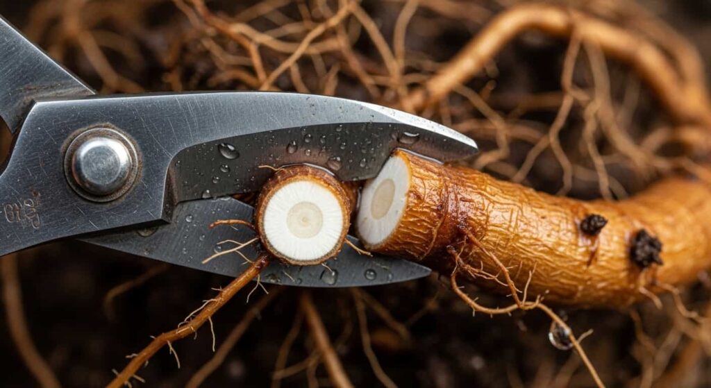 Macro shot of sharp bonsai scissors pruning a thick, circling root from a bare-root maple tree to improve root structure.
