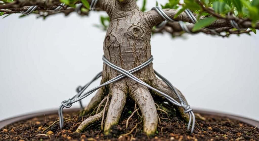 Correct technique for crossing and twisting tie-down wires over the nebari of a bonsai to securely anchor it in the pot.