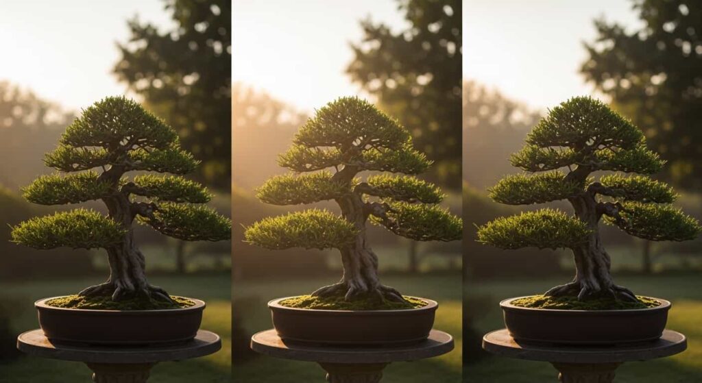 Side-by-side comparison of a Juniper bonsai in deep shade, gentle morning sun, and full afternoon sun, illustrating the gradual transition process.