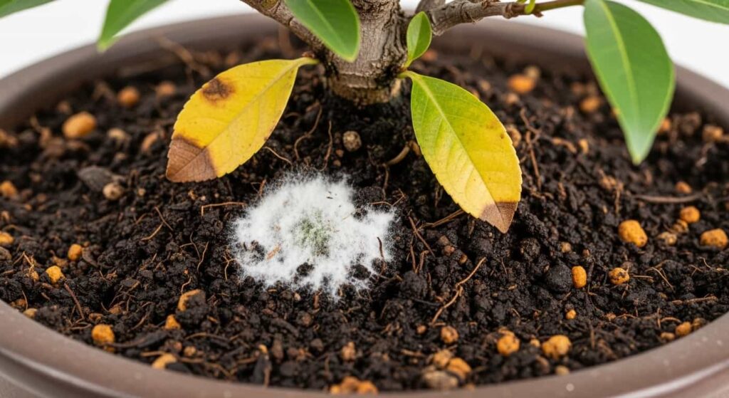 A bonsai tree showing signs of over-watering after repotting, with white mold on the soil surface and yellowing lower leaves.
