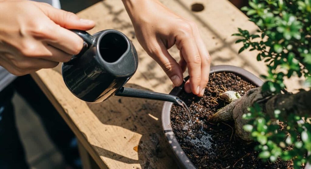 Applying diluted liquid fertilizer to a bonsai tree with a small watering can, focusing on the soil