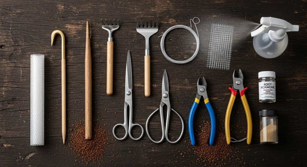 Flat lay of essential bonsai repotting tools on a dark wood surface, including root hook, scissors, wire cutters, mesh, anchor wire, and spray bottle.