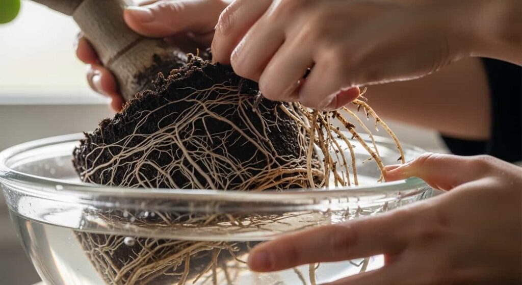 Close-up of hands washing the exposed root ball of a jade bonsai in a glass bowl of water, revealing a network of healthy roots.