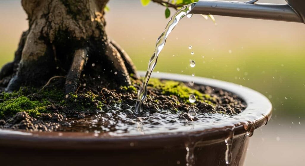 Proper watering technique for banyan bonsai showing water stream from watering can and drainage from pot bottom indicating thorough saturation