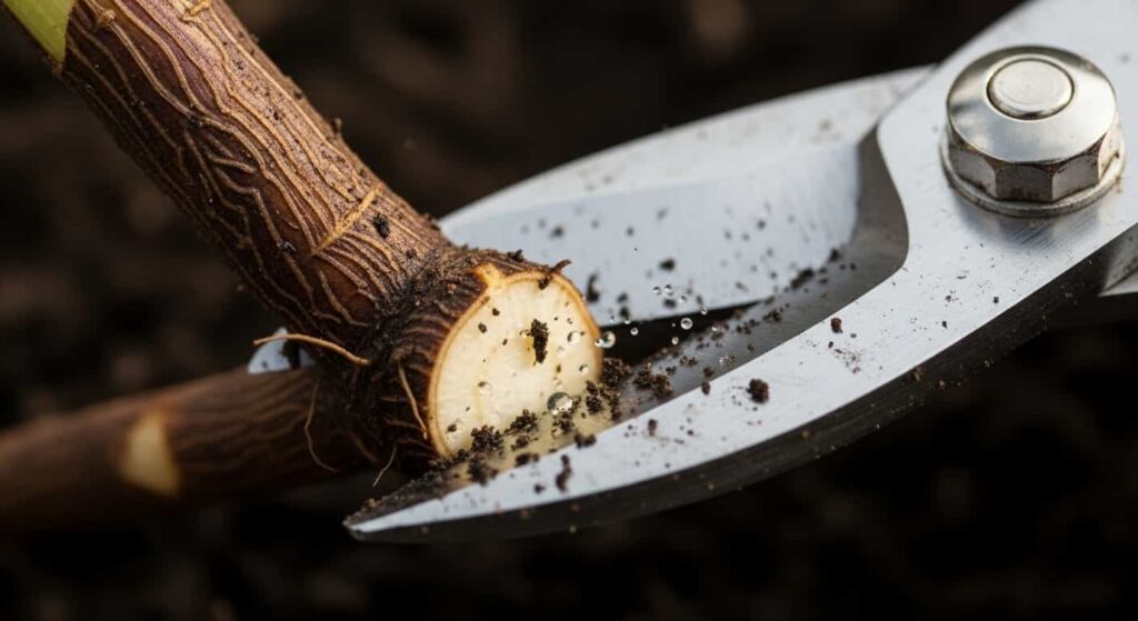 Close-up of bypass pruners cutting a thick woody root cleanly during bonsai root pruning to prevent crushing.