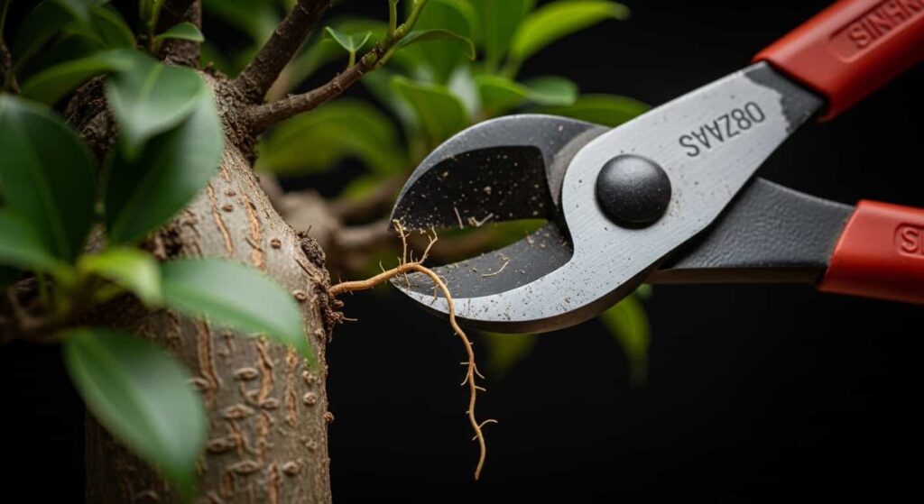 A precise pruning cut being made on a Ficus bonsai using sharp concave cutters. The tool is removing a small aerial root flush against the trunk to maintain a clean and intentional tree design.