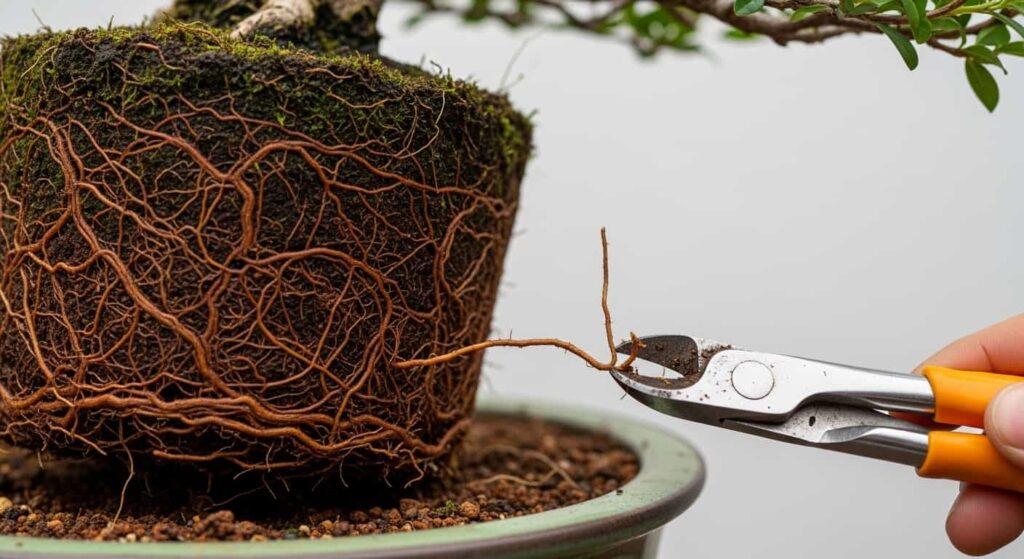 Using narrow wire cutters to trim small feeder roots in a tight corner of a bonsai pot during repotting to encourage new growth.