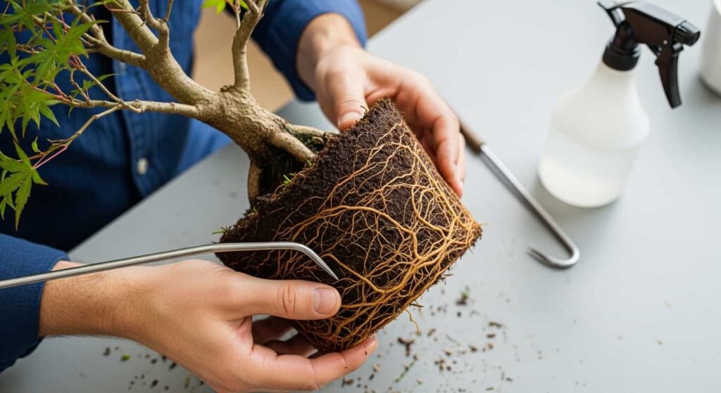 Overhead view of a bonsai artist's hands holding a Japanese maple with its root ball exposed and partially teased apart, showing healthy white feeder roots and structural roots ready for pruning.