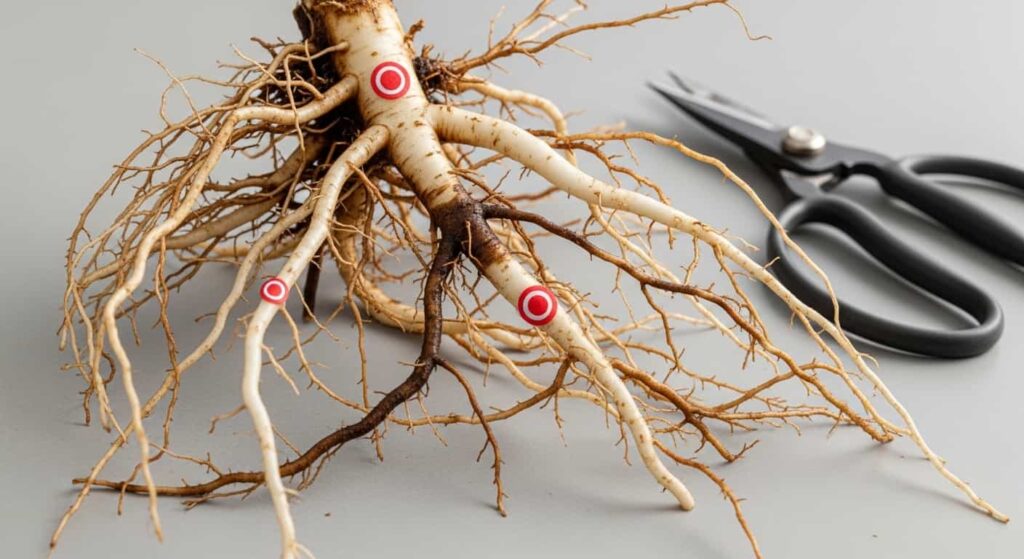 Macro photograph of a washed Japanese maple bonsai root system on a clean surface, showing healthy white roots and darker roots to be pruned with sterilized shears nearby.