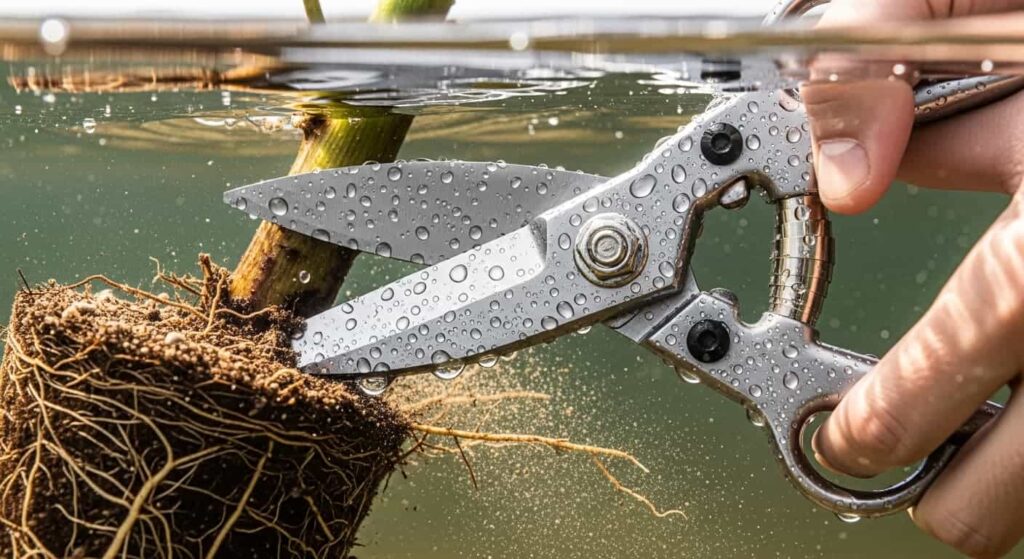 bonsai root shears cutting thick roots underwater during repotting procedure