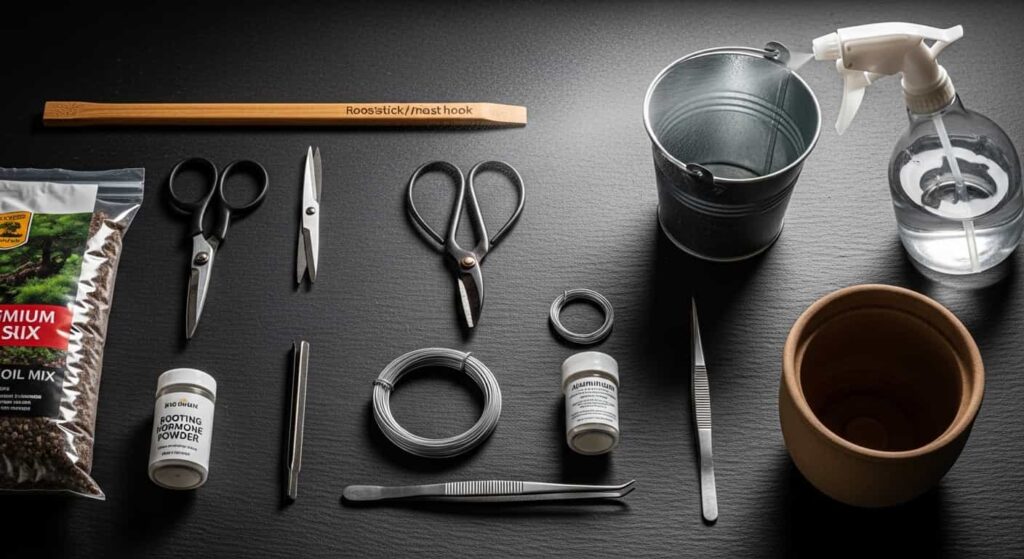 A flat lay of essential bonsai tools needed for root washing a Serissa, including root hook, scissors, shears, pot, and soil mix.