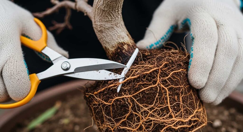 A first-person macro shot of pruning Cotoneaster bonsai roots with sharp scissors, making a clean cut on a thick root to encourage healthy regrowth.