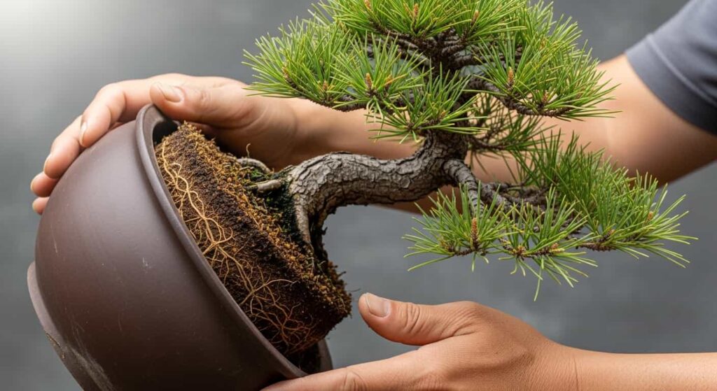 Pine bonsai being carefully removed from ceramic pot by hand, pot tilted sideways showing root ball extraction process