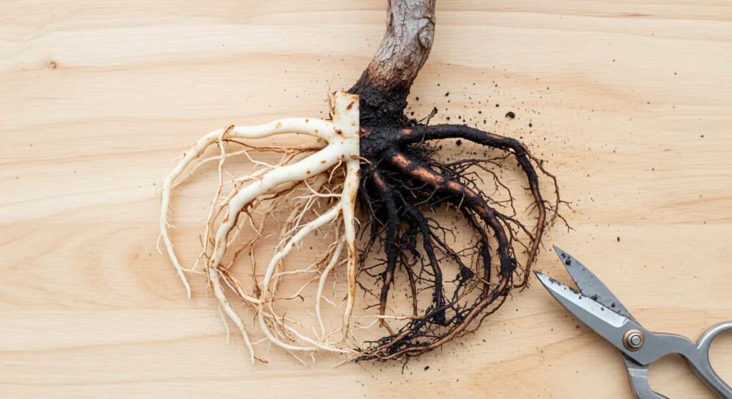 Comparison of healthy firm white and tan bonsai roots against dark, slimy, and rotting roots affected by root rot from overwatering after root pruning.