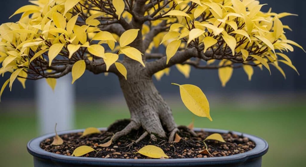 A stressed Ficus bonsai tree showing symptoms of root problems, with yellowing leaves and leaf drop on the soil surface after repotting.