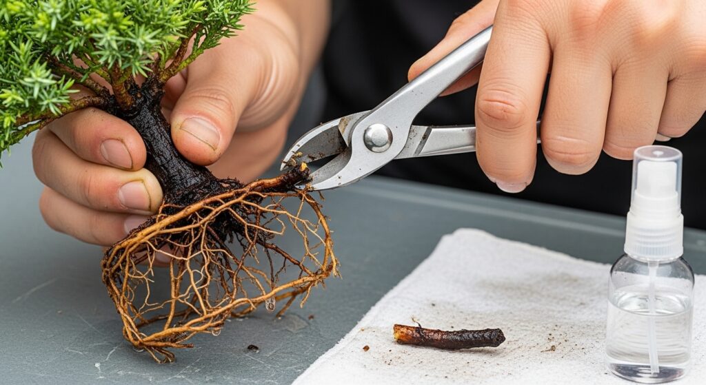 Close-up of hands using sharp stainless steel scissors to prune a dark, rotten root from a juniper bonsai after it has been removed from its pot.