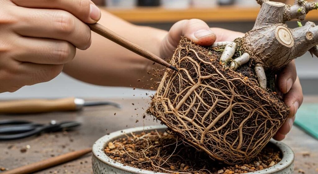 Gardener's hands gently using a chopstick to loosen the old soil and untangle the roots of a wisteria bonsai during repotting.