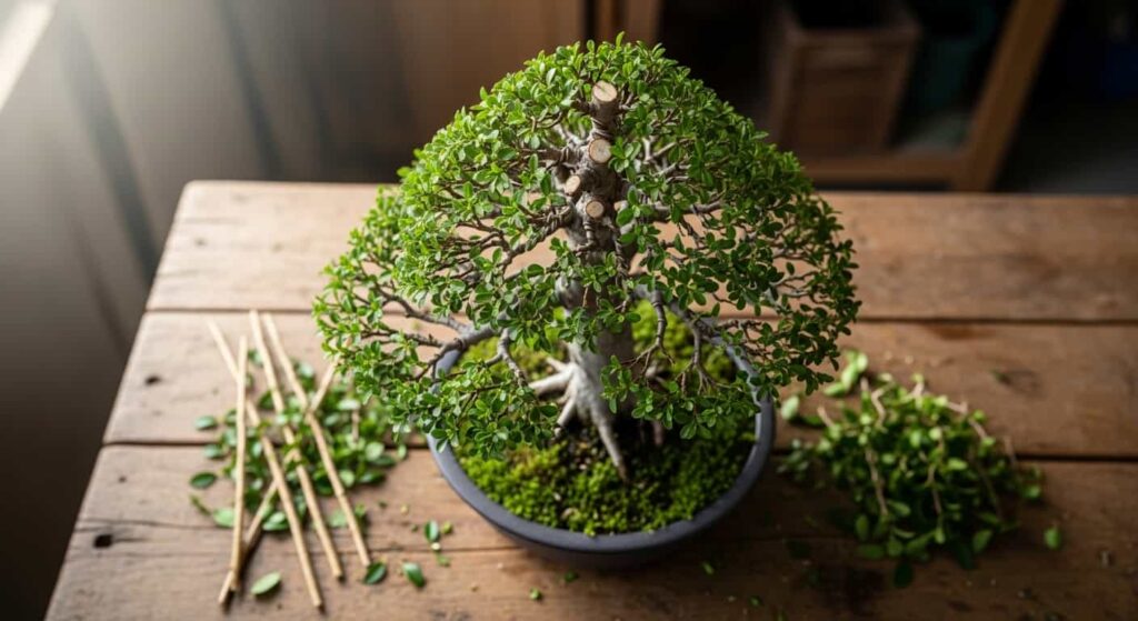 A bonsai tree with a freshly pruned canopy to balance root loss, with trimmed leaves and small branches scattered on a workbench.