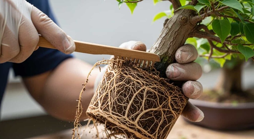 Close-up of gloved hands using a wooden root rake to gently comb and untangle the dense root mass of a bougainvillea bonsai, removing old soil.