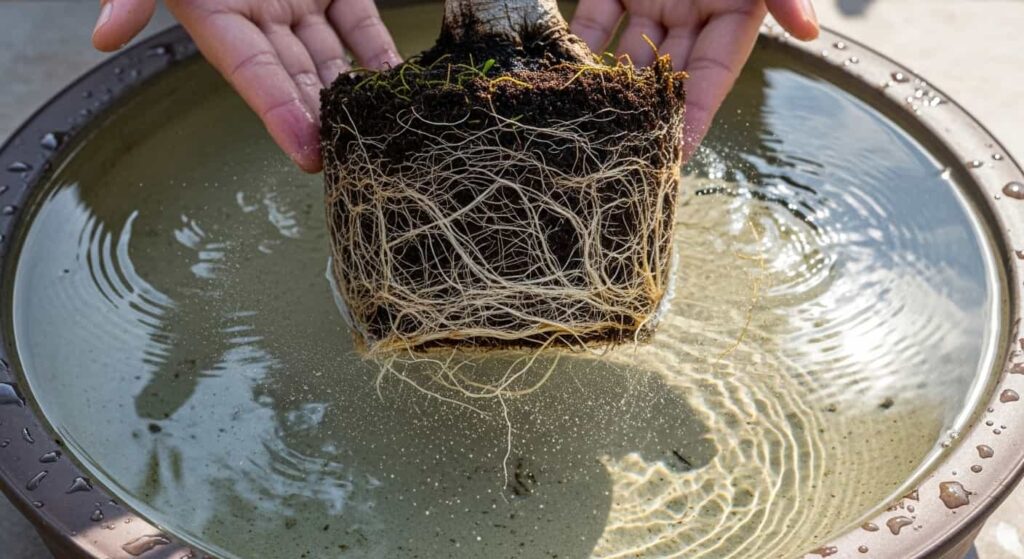 Olive bonsai rootball soaking in water basin during root washing process, soil particles dispersing to reveal healthy white root structure
