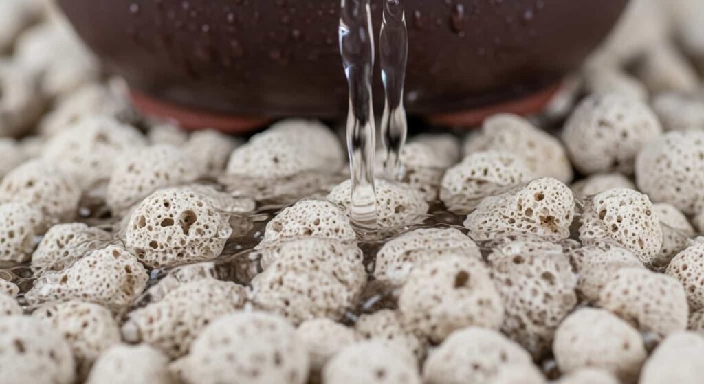 Extreme macro of water draining through white pumice particles, highlighting air gaps and moisture film.