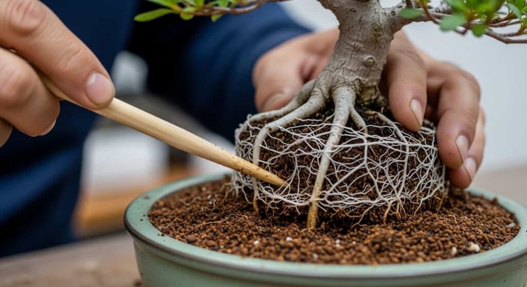 Bonsai artist hands using a wooden chopstick to carefully work fresh Kanuma soil between the fine white roots of an azalea bonsai during repotting after root pruning.