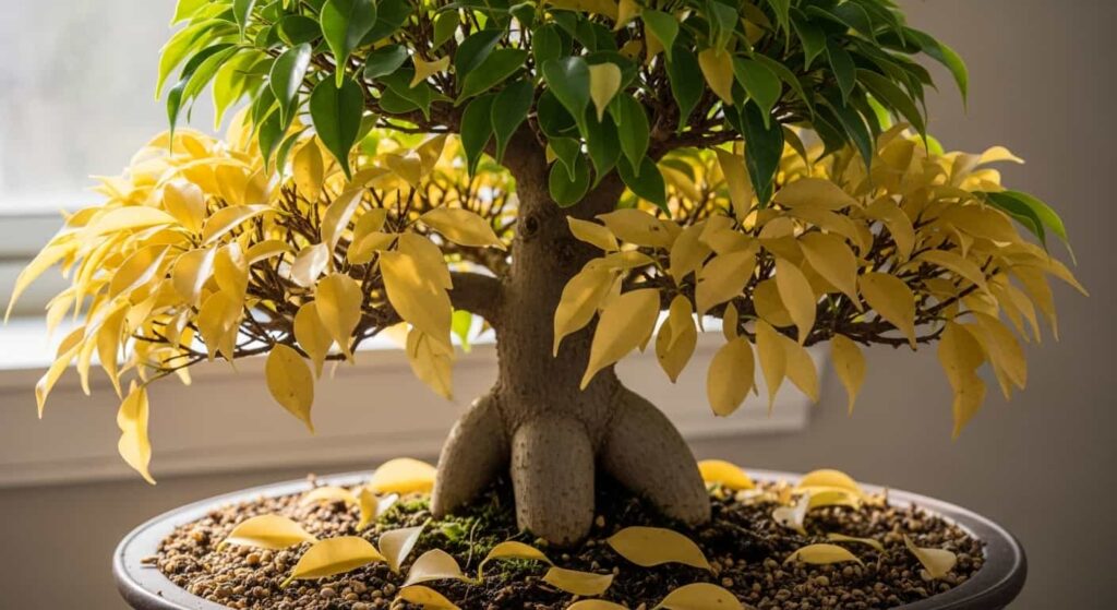 Ficus bonsai showing early root rot warning signs with yellowing lower leaves and leaf drop while soil remains wet