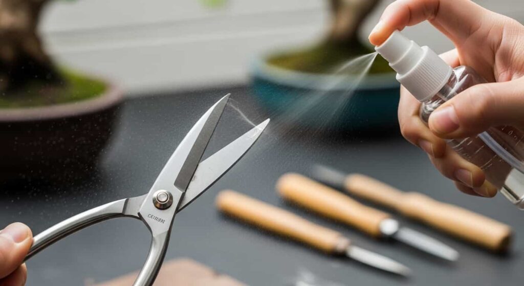 Bonsai pruning shears being sterilized with isopropyl alcohol spray to prevent the spread of infection and root rot during root pruning.