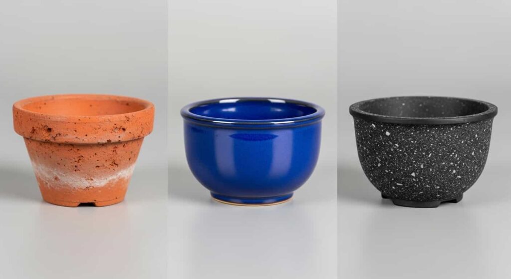 A comparison of three bonsai pot materials side-by-side: an unglazed terracotta pot, a glossy blue glazed ceramic pot, and a black speckled mica training pot.