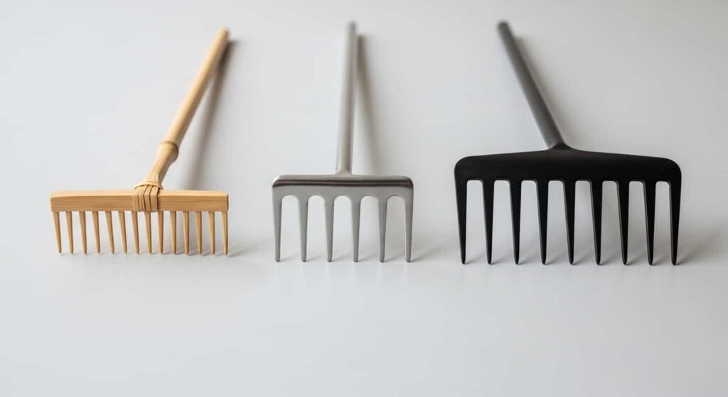 comparison of three bonsai root rakes bamboo stainless steel and wide carbon steel side by side