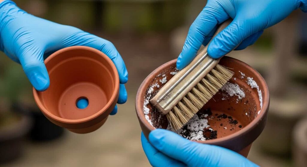 Hands in blue nitrile gloves scrubbing a dirty, used bonsai pot to prevent cross-contamination of fungal spores and pathogens from old soil to a new tree during repotting.