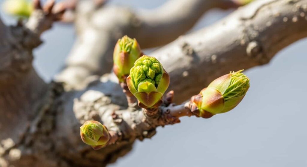 Macro photo of a trident maple bonsai branch in early spring with swollen buds just beginning to open, signaling the ideal time for root pruning.