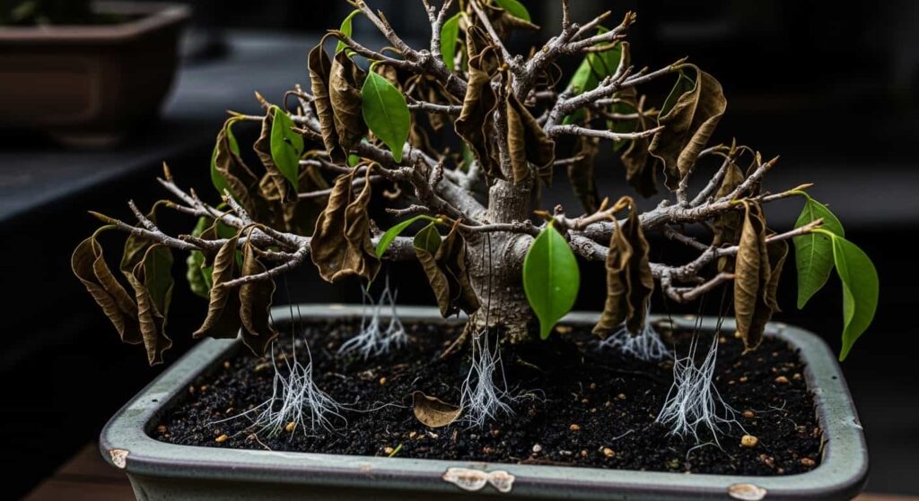 Wilting ficus bonsai with brown, shriveled leaves and wet soil, showing signs of severe root rot or transplant shock requiring immediate action.