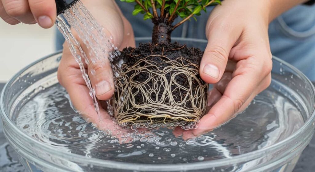 First-person view of root washing a boxwood bonsai in a glass bowl of water, gently cleaning the fine white roots of old soil.