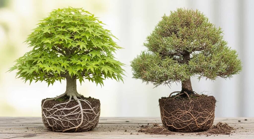 Comparison of Japanese Maple and Juniper bonsai showing different species tolerance to root washing procedures