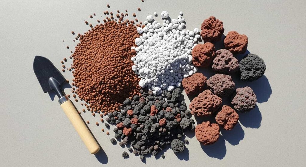 A well-draining bonsai soil mix of Akadama, pumice, and lava rock.