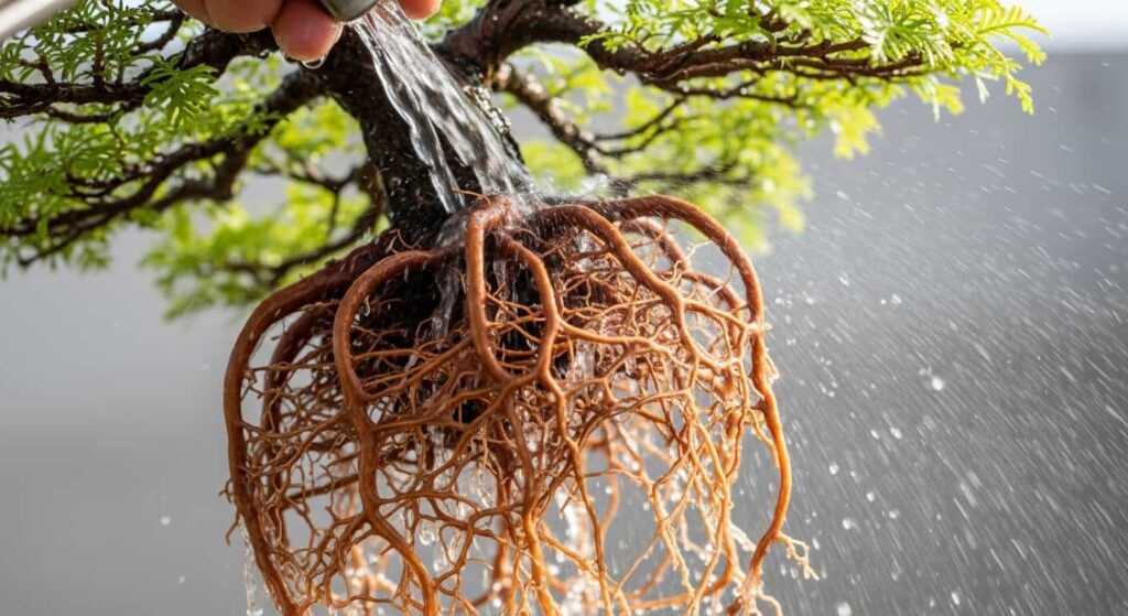 A Bald Cypress bonsai tree undergoing root washing, with a gentle stream of water cleaning the fine, fibrous root system.
