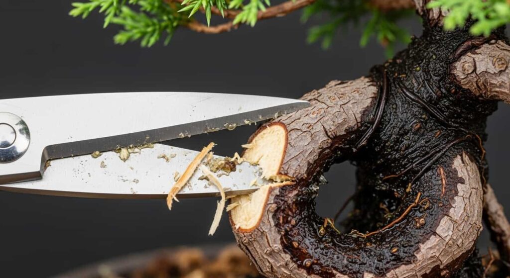 Pruning a circling root on a juniper bonsai with sharp scissors to improve nebari and prevent girdling.
