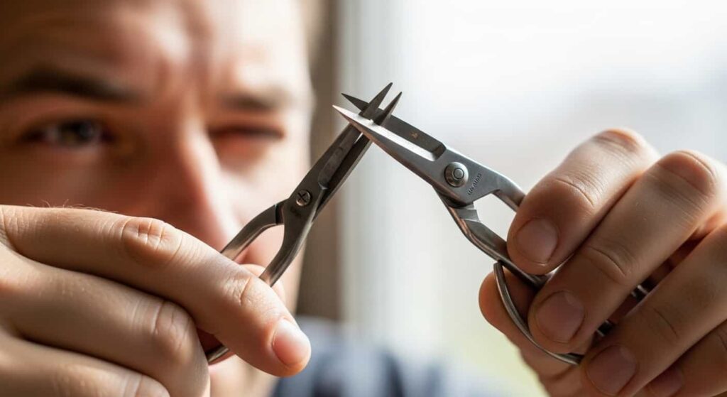 A person carefully inspecting the blade alignment of a bonsai root scissor by holding it up to the light to check for gaps between the cutting edges.
