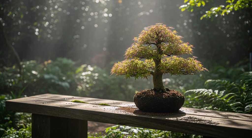 A recently repotted Japanese maple bonsai placed in a shaded garden spot with dappled light, representing the ideal low-stress recovery environment.