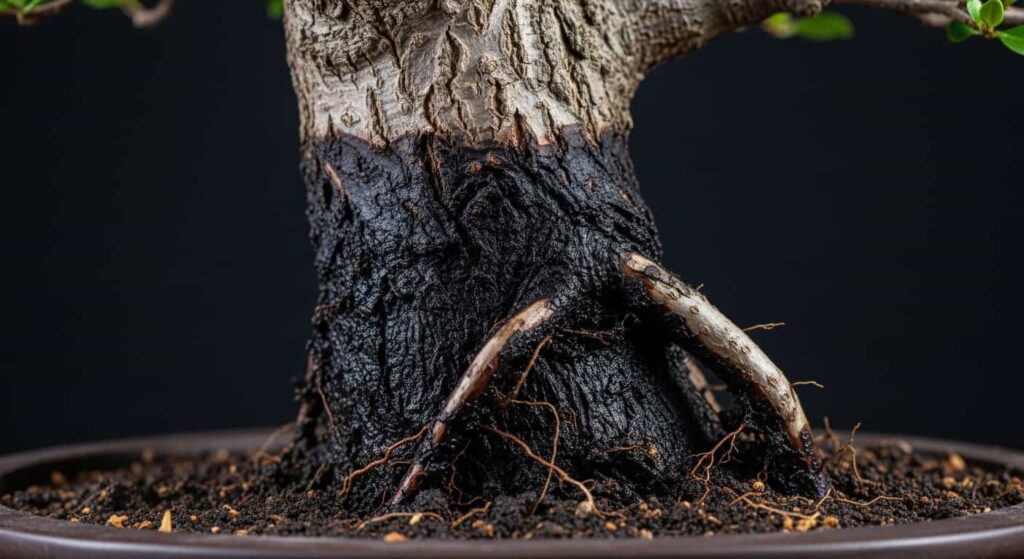 Close-up of a bonsai tree trunk base with dark, mushy, and discolored bark at the soil line, a dangerous sign of root rot often following over-pruning and overwatering.