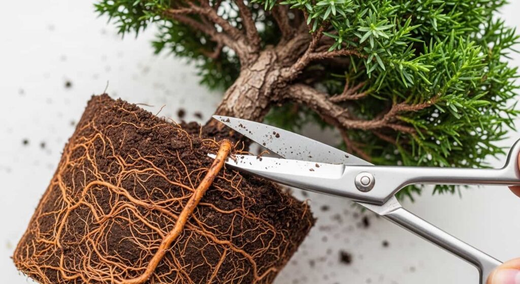 Bonsai scissors cutting a thick root on a juniper root ball, demonstrating the precise removal of unwanted roots during root pruning.