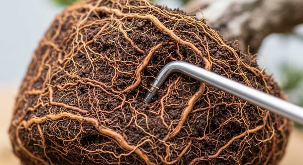 A metal root hook is used to gently tease apart and untangle the dense, compacted root ball of a bonsai tree.