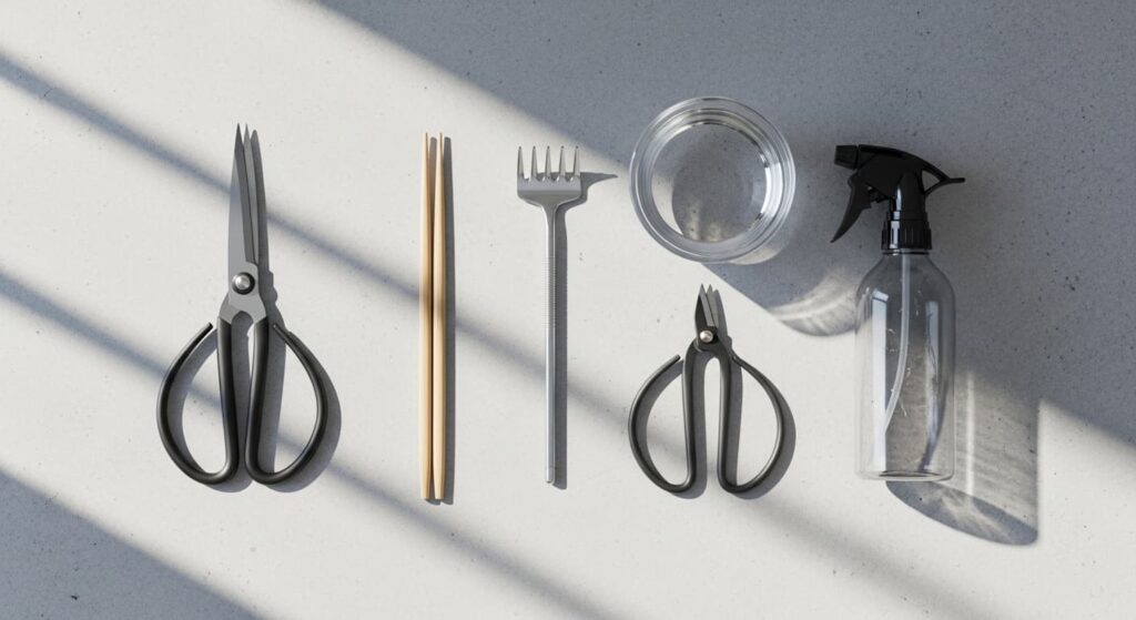 Essential tools for underwater bonsai root trimming including scissors, chopsticks, root rake and water bowl arranged flat-lay