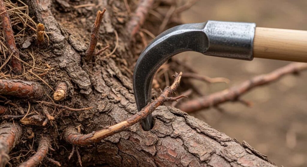 A heavy-duty jin hook working through the thick, woody root mass of a large collected pine bonsai, demonstrating its use for tough root material.