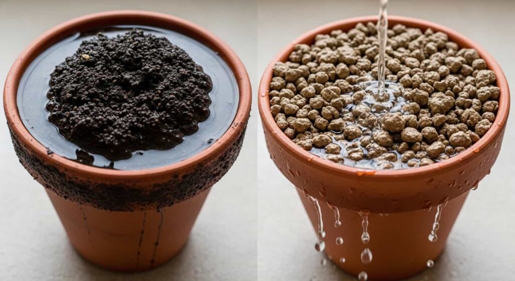 Comparison of waterlogged compacted bonsai soil and dry fast-draining granular bonsai soil.