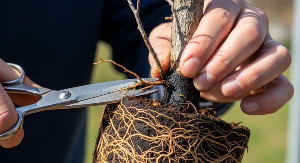 Bonsai artist's hands inspecting and pruning black, rotted roots from a tree, cutting back to healthy white tissue with sterilized scissors.
